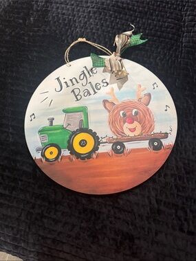 Jingle Bales Round Wood Holiday Sign - Green Tractor & Reindeer